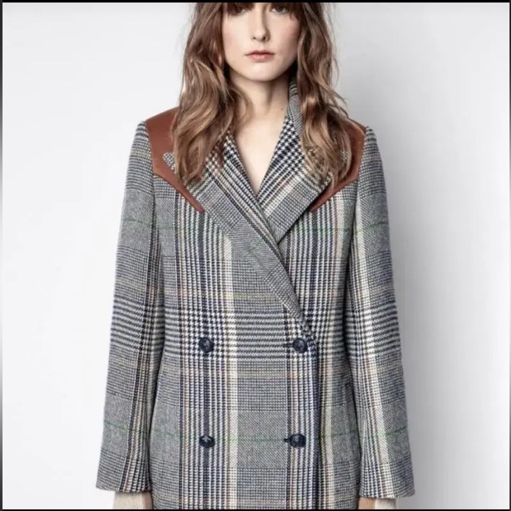 Zadig & Voltaire Wool Gray and Brown Plaid Pea Coat